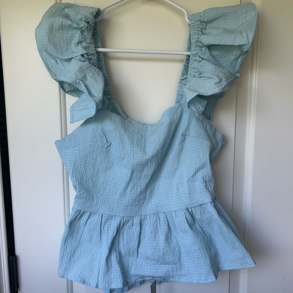 Francesca's Collections Sky Blue Ruffle Bow Back Blouse